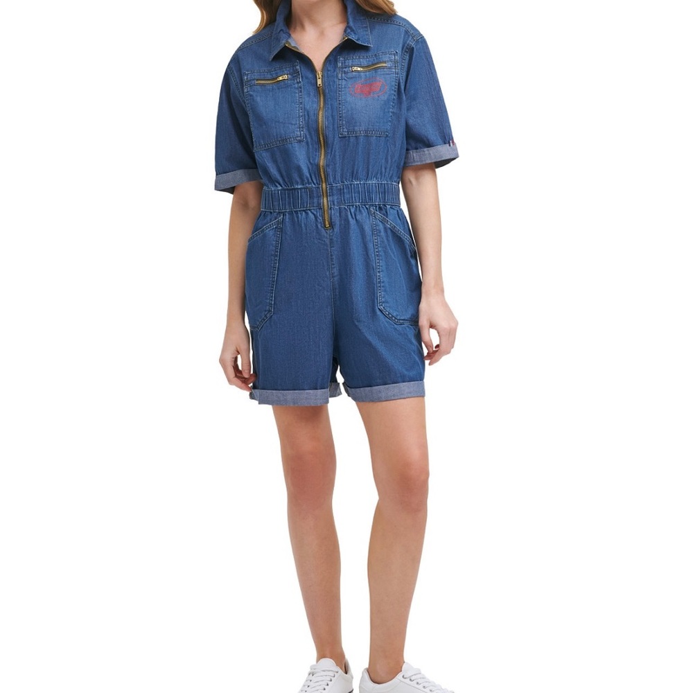 Zip up denim romper * add a few more pica of the actual romper zipper works prop